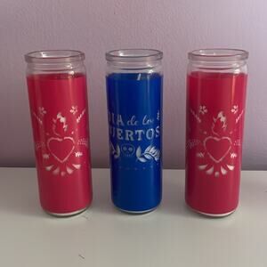 NWT set of 3 unscented day of the dead themed candles in blue and pink